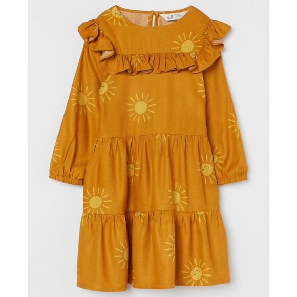 H&M Girls Mustard Yellow Smiling Sun Printed Ruffled Rayon Dress Size 7 - Picture 1 of 10